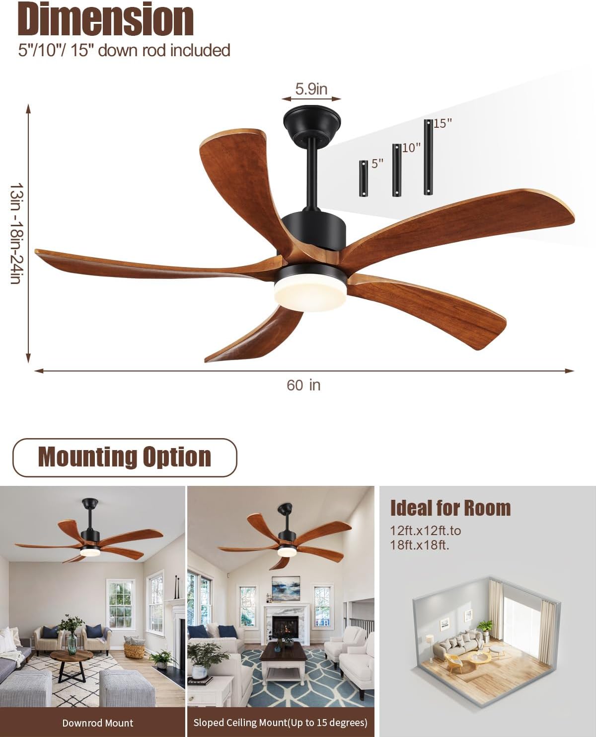 60 Inch Ceiling Fans with Lights Remote Control, Modern Ceiling Fan 5 Blades Wood Fan for Outdoor, 3 Downrods, ETL Listed, Timer, 6 Speeds Reversible Quiet Dc Motor for Patios, 60in Yellow Walnut