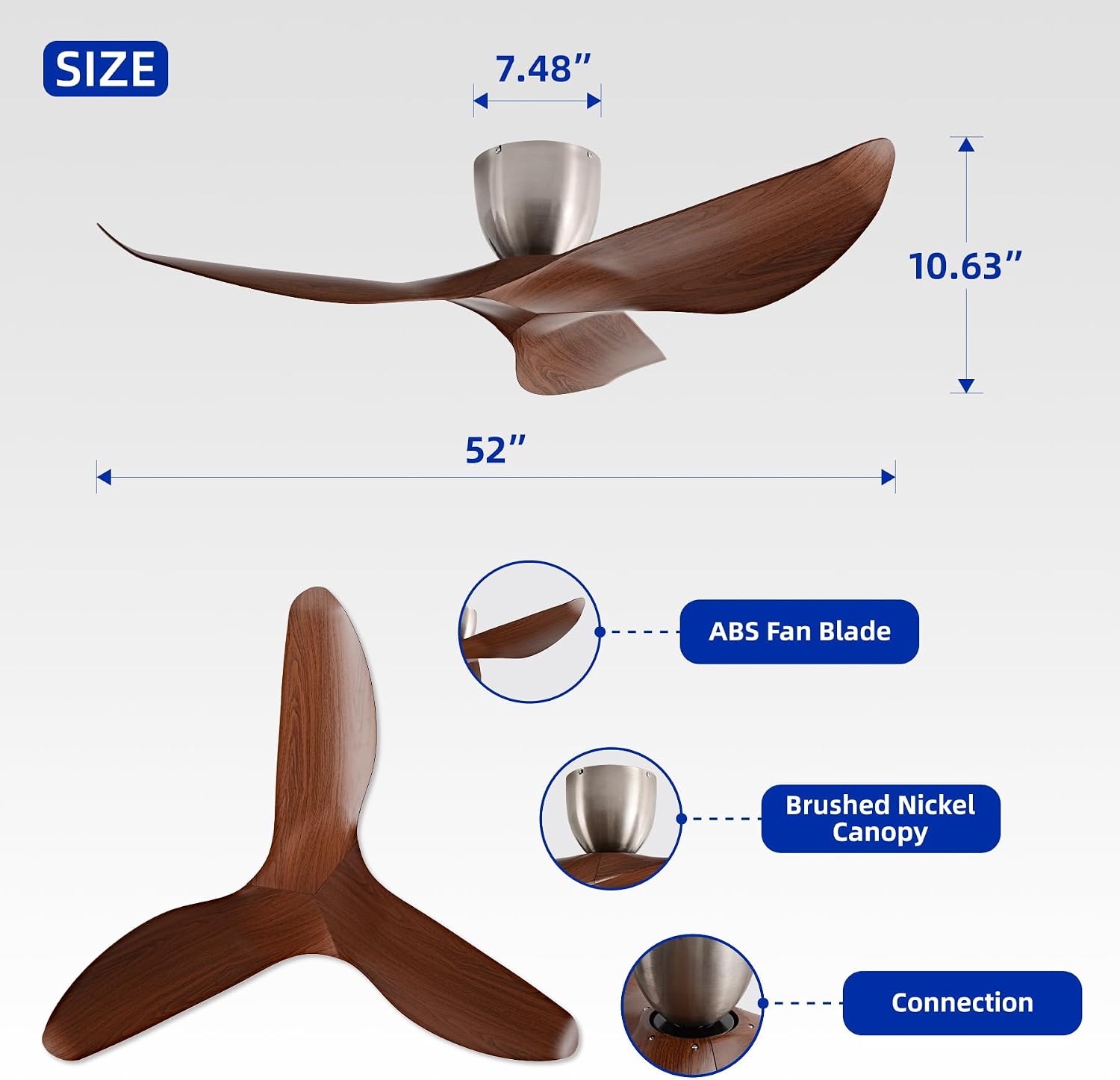 52' Walnut Color Flush Mount Ceiling Fan with Remote, No Light | Modern Low-Profile, Heat Resistant ABS Blades, 6-Speed Reversible Quiet DC Motor for Balcony, Living Room, Bedroom