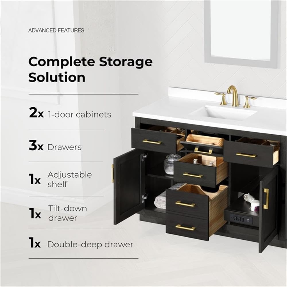 Pemberly Row 48' Freestanding Bathroom Vanity, Matte Black Solid Wood Cabinet, White Countertop with Ceramic Undermount Sink, Soft-Close Drawers, USB Ports, Adjustable Shelf, Ideal for Modern