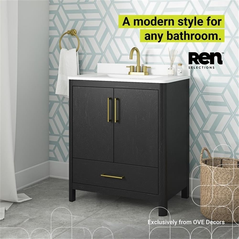 Pemberly Row 30' Matte Black Bathroom Vanity, Freestanding with Engineered Marble Countertop and Backsplash, Single Rectangular Sink, Soft-Close Doors and Drawer, Modern Design, MDF Construction