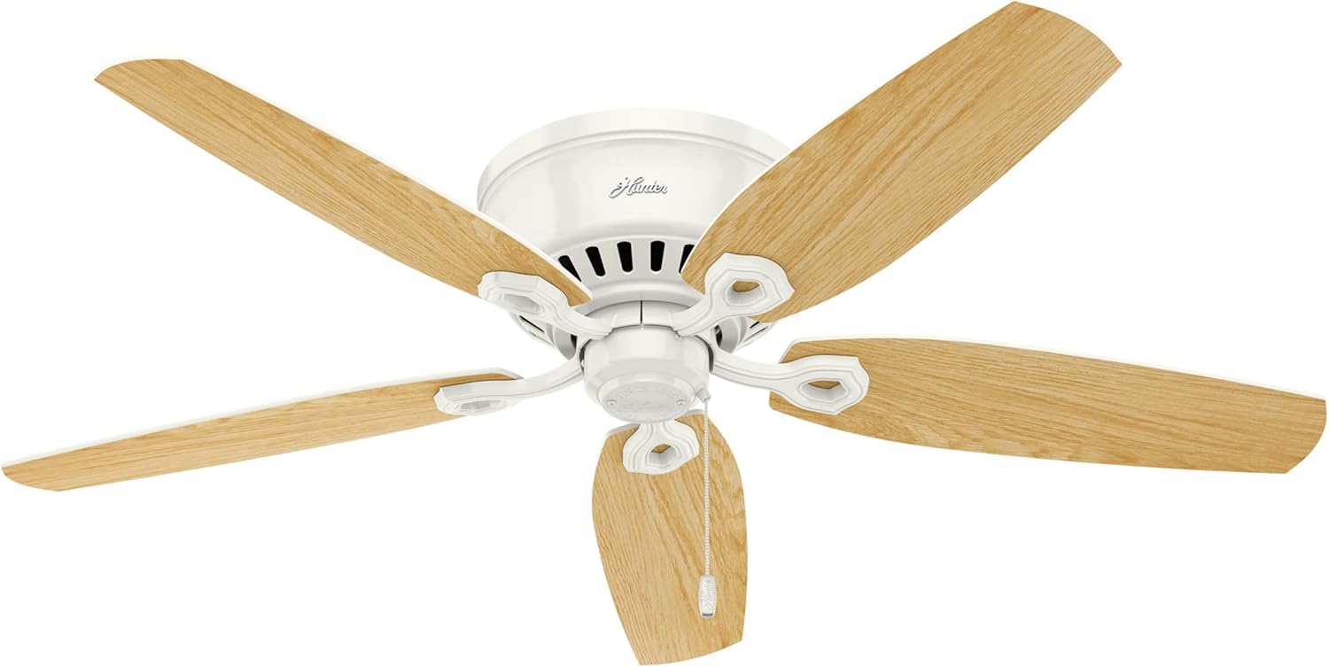 Hunter 52 inch Indoor Ceiling Fan with LED Lights - White Ceiling Fan with Pull Chain, For Bedroom, Living Room, or Kitchen, Low Profile Flush Mount, No Remote, 5 Blades - Builder 53326, Snow White