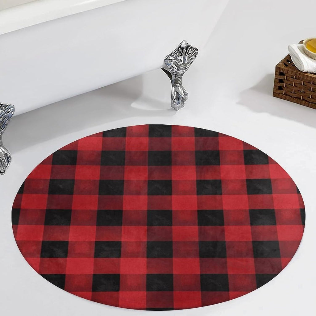 Red Black Buffalo Check Plaid Pattern Coral Velvet Round Floor Mat Non-Slip Bath Rug Floor Covering for Bathroom Vanity Guest Suite & Vacation Home