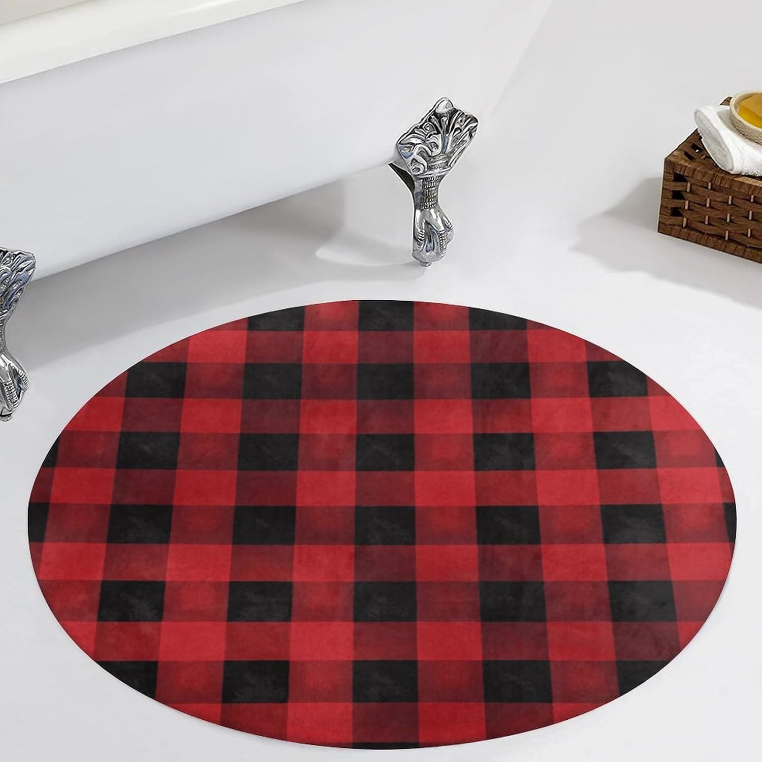 Red Black Buffalo Check Plaid Pattern Coral Velvet Round Floor Mat Non-Slip Bath Rug Floor Covering for Bathroom Vanity Guest Suite & Vacation Home