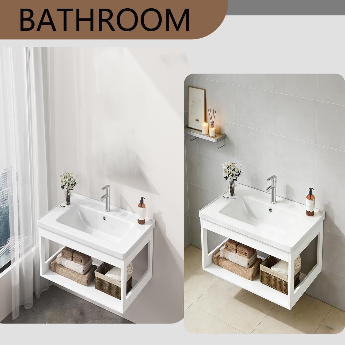 Modern Corner Bathroom Vanity，Easy-to-Clean Bathroom Sink Cabinet ，Floating Vanity Bathroom Vanity Open Shelf ，for Guest Baths Master Suites(23in)