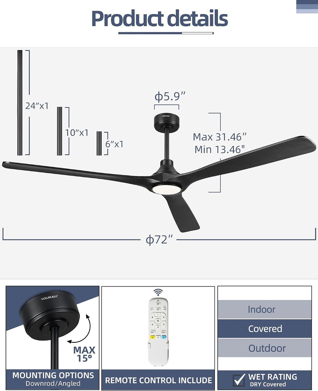 YOUKAIN 72 Inch Ceiling Fan with Light, 3 Black Solid Wood Blade, Remote Control, 3CCT Dimmable LED, 6-Speed Reversible Motor, Propeller Outdoor Ceiling Fans for Patios, 72-YJ817-BK