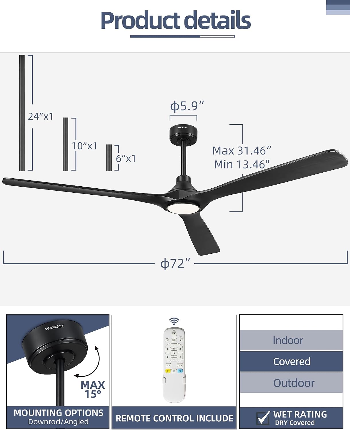YOUKAIN 72 Inch Ceiling Fan with Light, 3 Black Solid Wood Blade, Remote Control, 3CCT Dimmable LED, 6-Speed Reversible Motor, Propeller Outdoor Ceiling Fans for Patios, 72-YJ817-BK