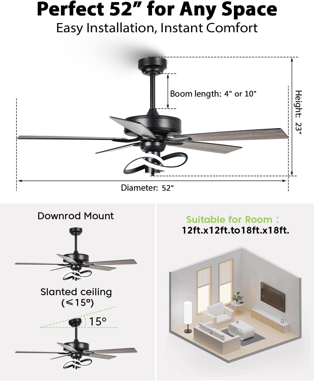 52 Inch Ceiling Fans with Lights and Remote - Creative Black Modern Ceiling Fan, 3CCT, 6 Speeds, Quiet, Dual-Sided Reversible 5 Blades Indoor Outdoor Chandelier Fan for Bedroom Living Room