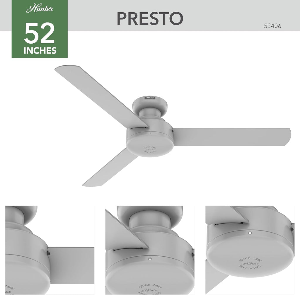 Hunter - Presto Indoor Low Profile Ceiling Fan, Wall Control, 52-inch, Dove Grey, Casual-style, Bedroom Ceiling Fans, 52406, for living rooms, home offices, kitchens