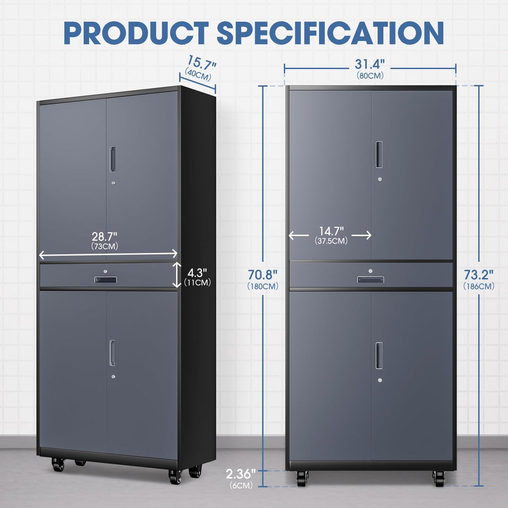 DNA Motoring Metal Storage Cabinet, 73'' Rolling Garage Cabinet with 1 Drawer and Adjustable Shelves, Lockable Cabinet Heavy Duty Utility Cabinet for Garage,Office,Home,Gray Black, TOOLS-00630-GY-BK