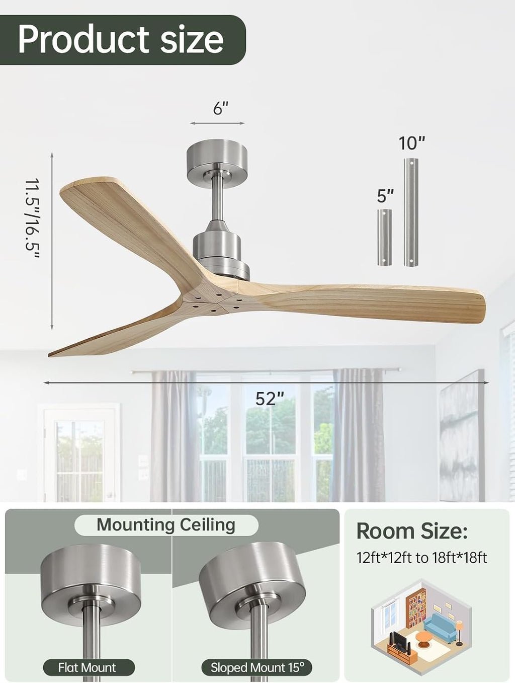Sofucor 52 Inch Ceiling Fans No Light-Outdoor Ceiling Fan with Remote Control, Modern Wood Ceiling Fan Without Light for Bedroom Indoor Patios Farmhouse,Reversible DC Motor,Brushed Nickel&Natural Wood