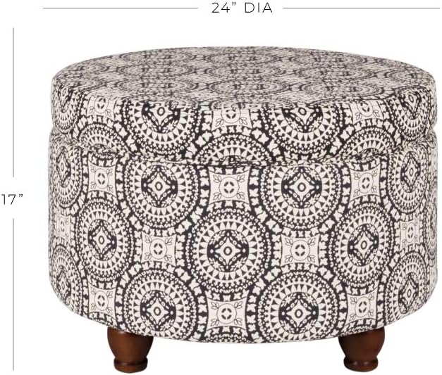 Homepop Home Decor | Upholstered Round Storage Ottoman | Ottoman with Storage for Living Room & Bedroom, Black and White Medallion Large
