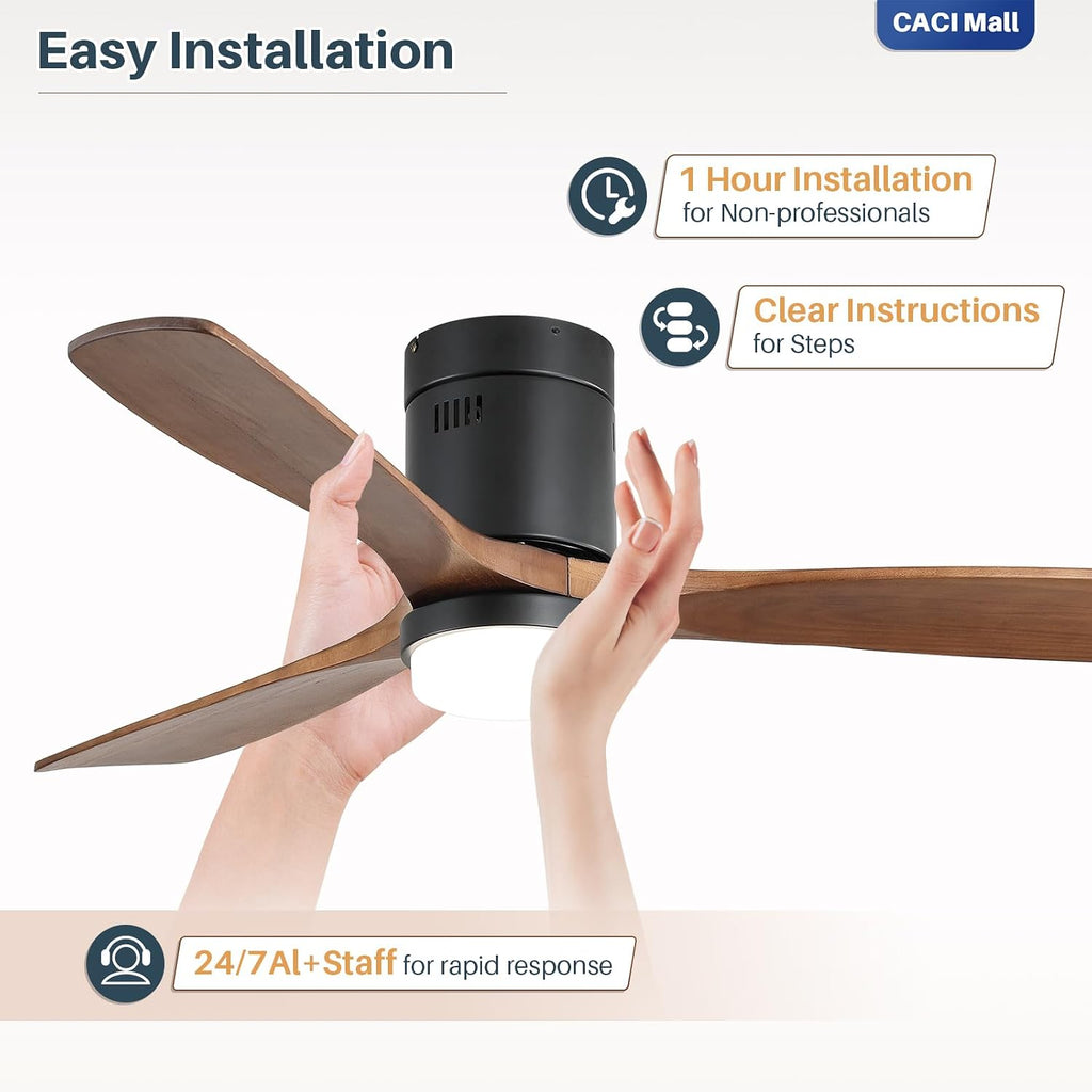 CACI Mall 52 Inch Wood Flush Mount Ceiling Fan with Lights, 3 Blades, Low Profile, Modern, 3CCT, Dimmable, Noiseless, Remote Contral, Outdoor Indoor Ceiling Fans for Bedroom/Farmhouse/Patio