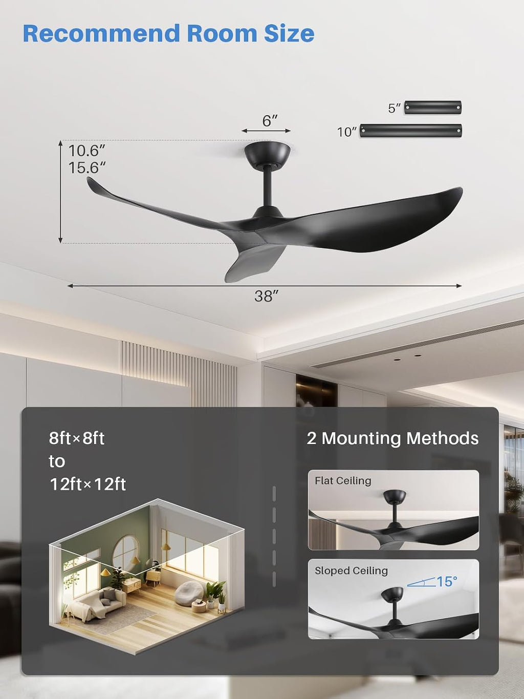 Sofucor 38 Inch Smart Ceiling Fan No Light, Modern Black Ceiling Fan with Remote Control, Quiet Reversible DC Motor, 6-Speed Noiseless Indoor Ceiling Fan for Bedroom Living Room Covered Patio Porch