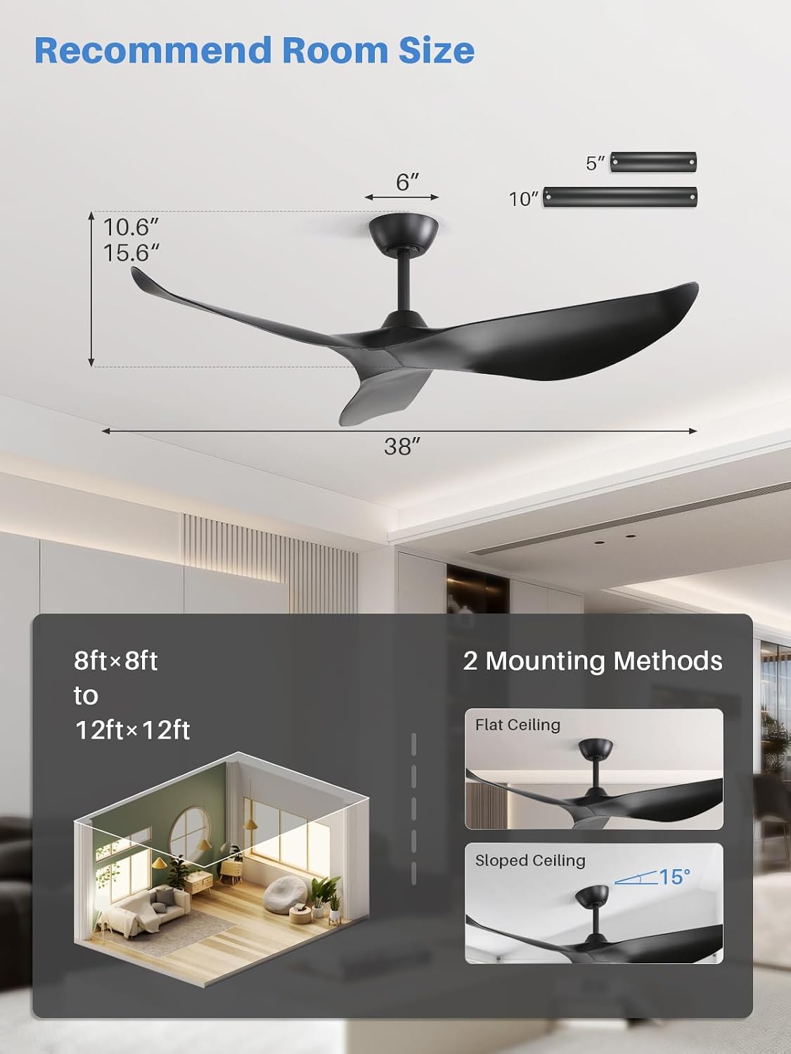Sofucor 38 Inch Smart Ceiling Fan No Light, Modern Black Ceiling Fan with Remote Control, Quiet Reversible DC Motor, 6-Speed Noiseless Indoor Ceiling Fan for Bedroom Living Room Covered Patio Porch