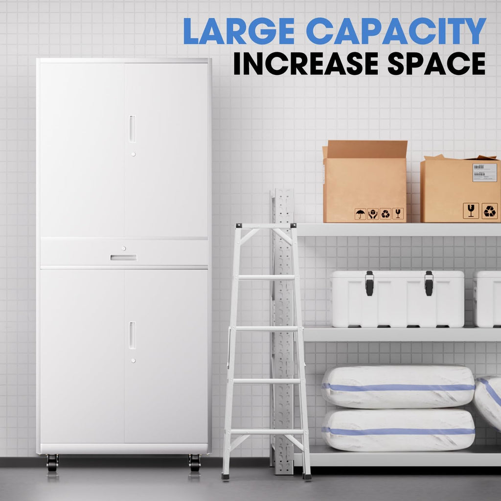 DNA Motoring Metal Storage Cabinet, 73'' Rolling Garage Cabinet with 1 Drawer and Adjustable Shelves, Lockable Cabinet Heavy Duty Utility Cabinet for Garage,Office,Home,Gym, White, TOOLS-00630-WH-WH