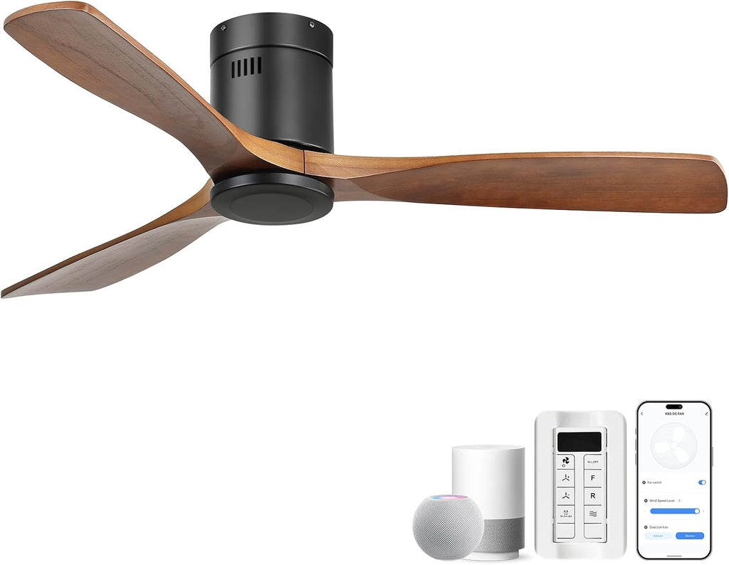 CACI Mall 52 Inch Smart Ceiling Fan without Light, Flush Mount, 3 Blades Solid Wood, Low Profile, Modern, Outdoor/Indoor Ceiling Fans No Light for Bedroom/Farmhouse/Patio