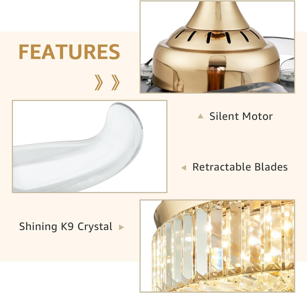 42 Inch Crystal Ceiling Fan with Light and Remote Modern Gold Dimmable Fandelier Invisible Retractable Chandelier Fan for Bedroom Living Room Dining Room