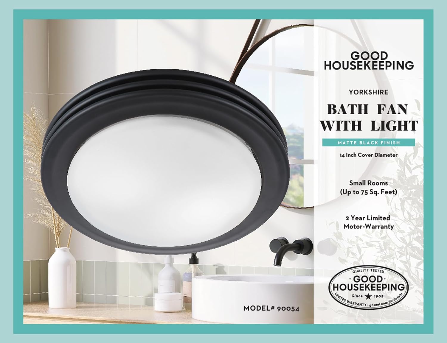 Good Housekeeping 90054z Yorkshire Decorative Bathroom Ventilation Exhaust Fan and Light, Medium, Matte Black
