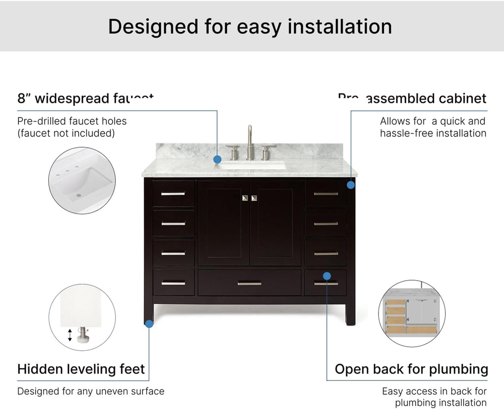 ARIEL Cambridge 48-inch Bathroom Vanity with Sink,Solid Wood, 0.75-inch Italian Carrara Marble Countertop, Single Rectangular Porcelain Sink, 2 Soft Closing Doors, 9 Dovetail Drawers, Espresso
