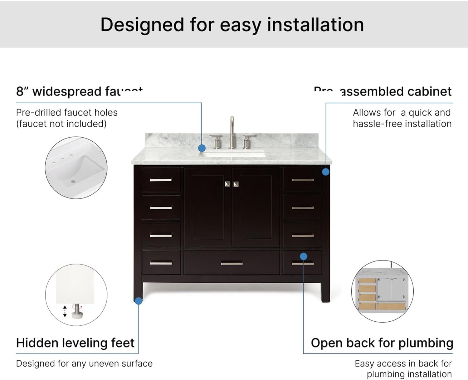 ARIEL Cambridge 48-inch Bathroom Vanity with Sink,Solid Wood, 0.75-inch Italian Carrara Marble Countertop, Single Rectangular Porcelain Sink, 2 Soft Closing Doors, 9 Dovetail Drawers, Espresso