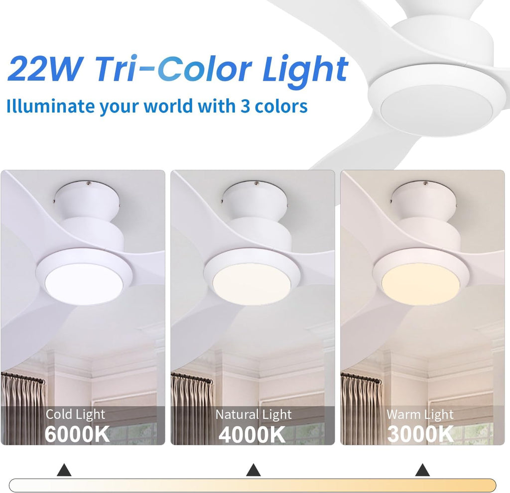 48 inch Ceiling Fan with Light and Remote, White Flush Mount Ceiling Fan with 3 Blades,3 Color Dimmable Lights, 6 Speeds, Queit DC Motor, for Bedroom/Outdoor/Patios, White