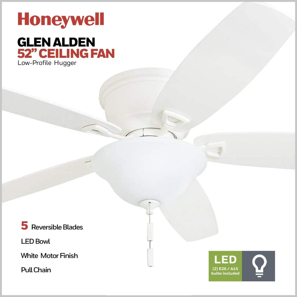 Honeywell Glen Alden 52 Inch Indoor LED Ceiling Fan with Bowl Light, Pull Chain Control, 5 Dual-Finish Blades, Quiet Reversible Motor, White