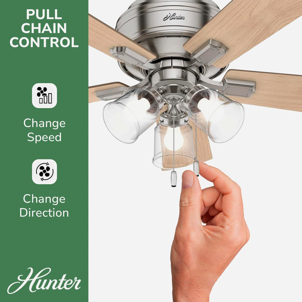 Hunter 42 inch Indoor Ceiling Fan with LED Lights and Pull Chain - Low Profile Flush Mount Ceiling Fan, 5 Blades, For Bedroom, Living Room, or Kitchen, Quiet - Crestfield 52154, Brushed Nickel