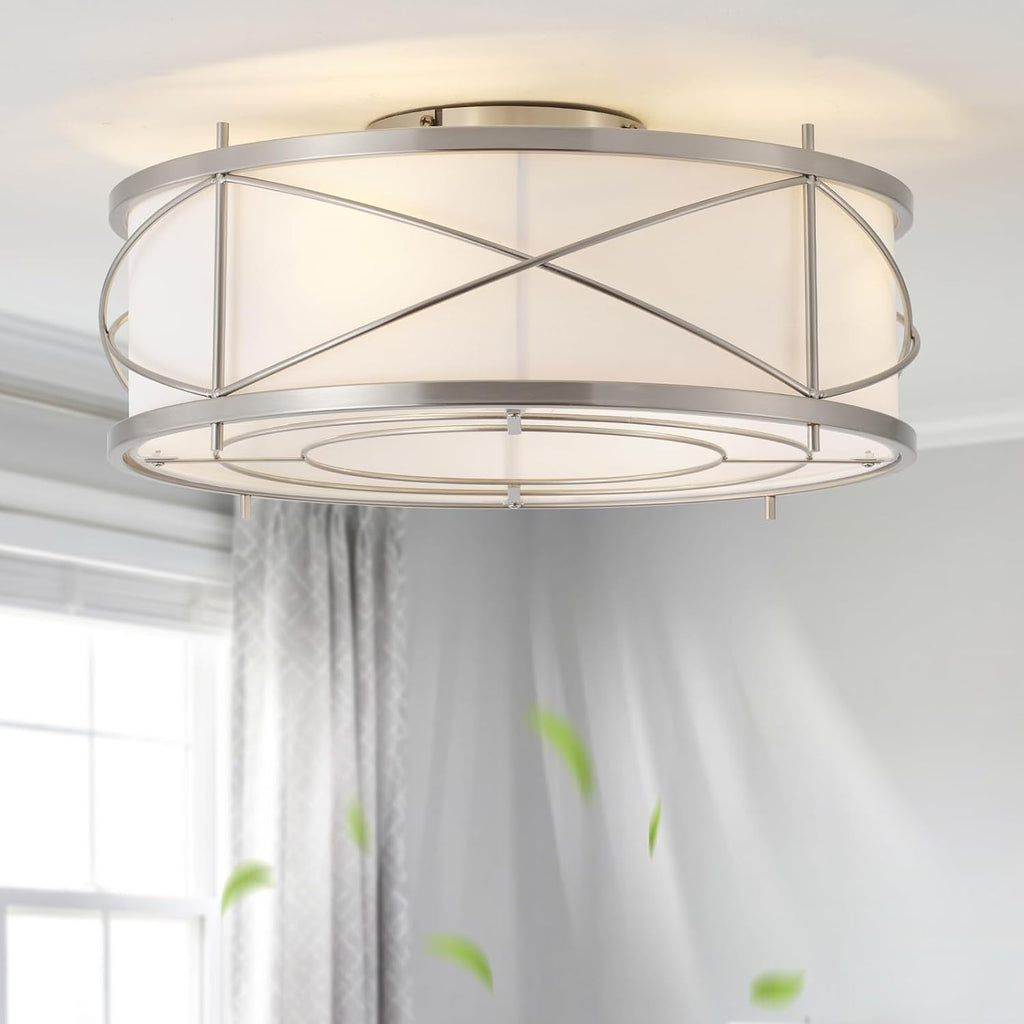 Silver Flush Mount Boho Ceiling Fan with Lights, 20' Caged Rattan Ceiling Fans with Light and Remote, Enclosed with 6 Speeds for Living Room, Bedroom, Nursery