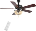 JONATHAN Y 52' Black/Light Brown 3-Light LED Ceiling Fan with Remote and App Control, Bohemian Farmhouse Chandelier, Light Brown Wood Bead Shade, Reversible Wood Blades (JYL9618B)