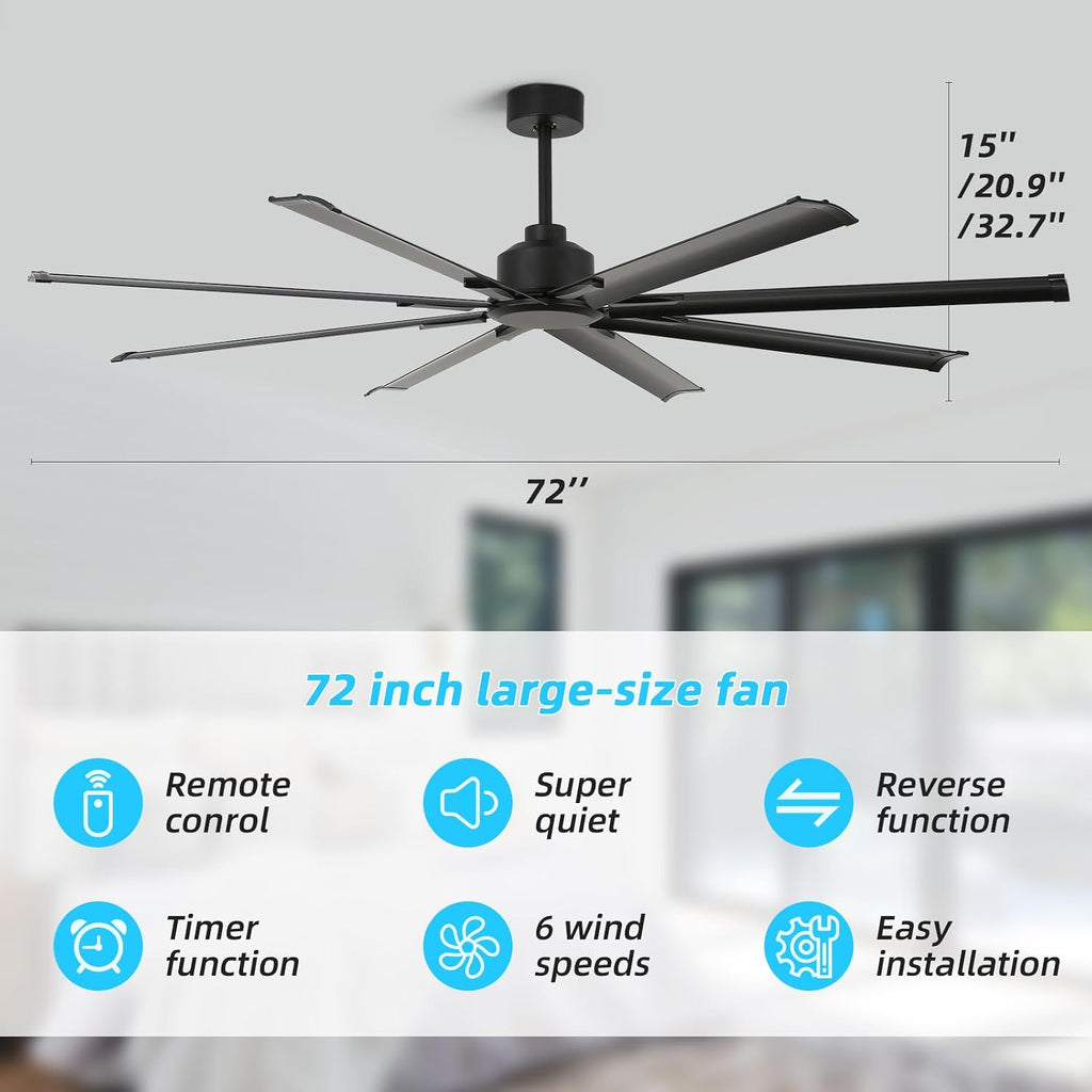 72 Inch Ceiling Fan No Light with Remote Control, 8 Blades Quiet DC Reversible Motor, 6-Speed, Timer, Black, Indoor Outdoor Ceiling Fans for Patios, Living Room, Garage