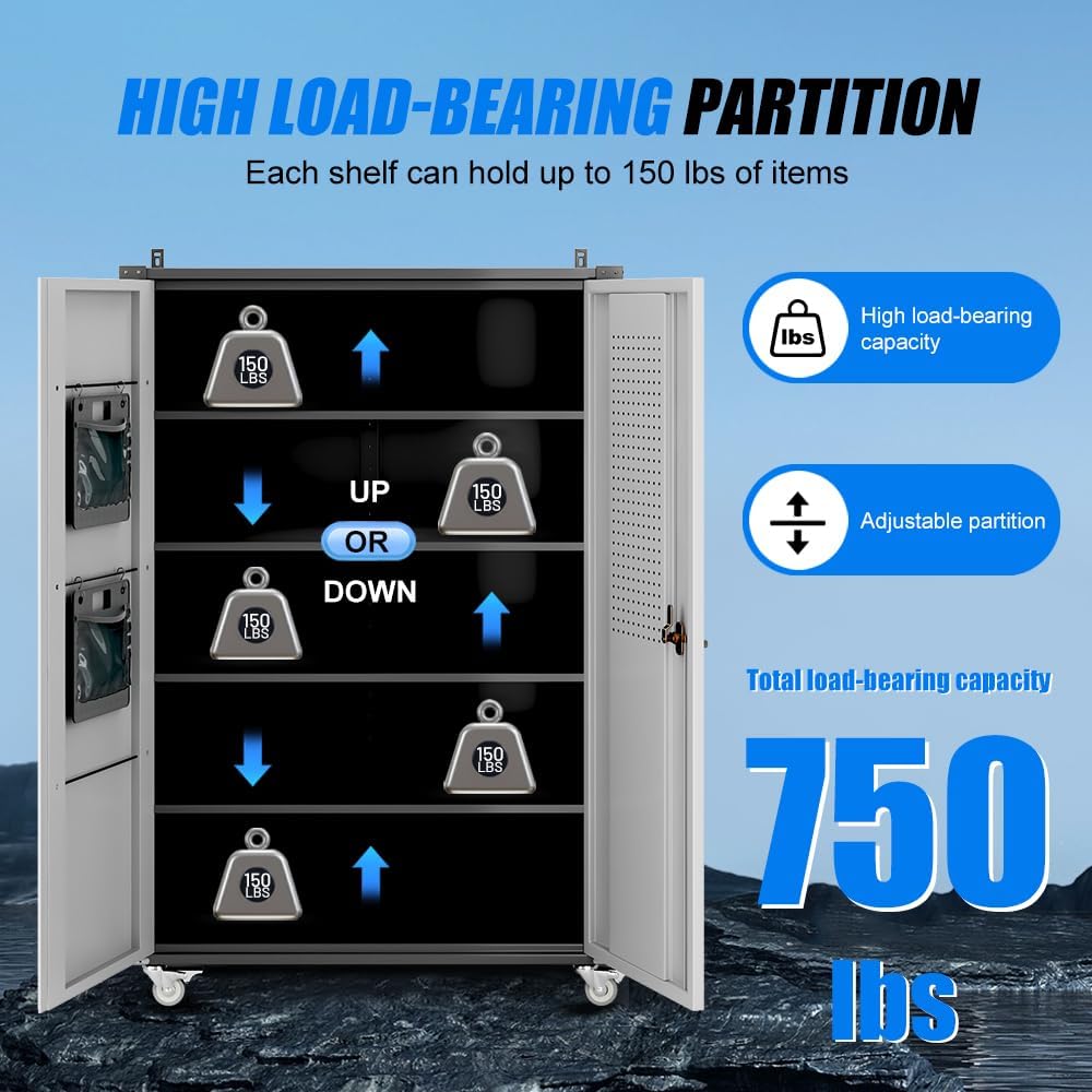 Yeeoy Wide & Deep Metal Garage Storage Cabinet with Pegboard & Adjustable Shelves, Lockable Storage Cabinet with Wheels, Tool Organization Cabinets for Office Garage, 43''W x 22''D x 72''H, Black Gray