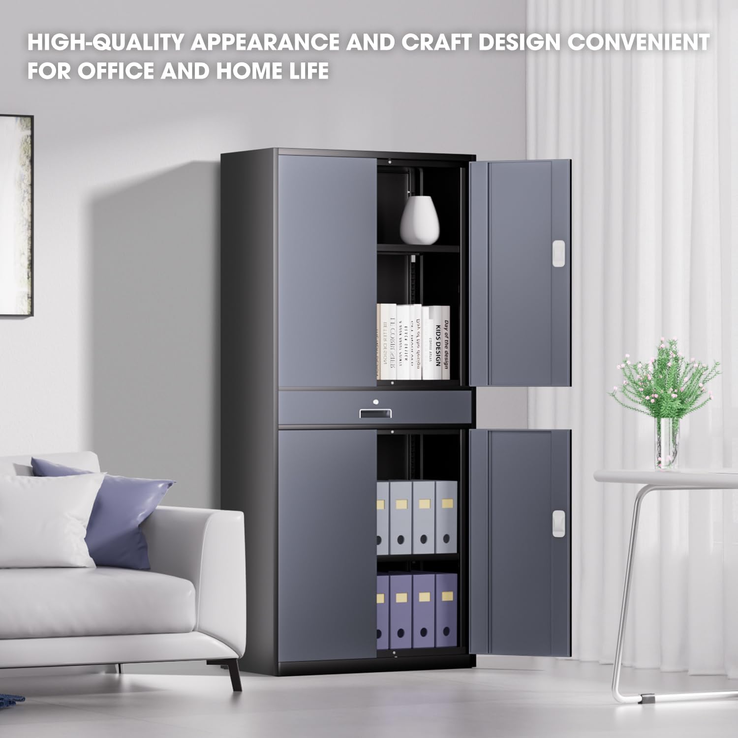 DNA Motoring 71'' Metal Storage Cabinet, Locking Tool Cabinet with 1 Drawer and Adjustable Shelves, Lockable Heavy Duty Metal Locker for Garage,Office,Home,Gym, Gray Black, TOOLS-00629-GY-BK-A