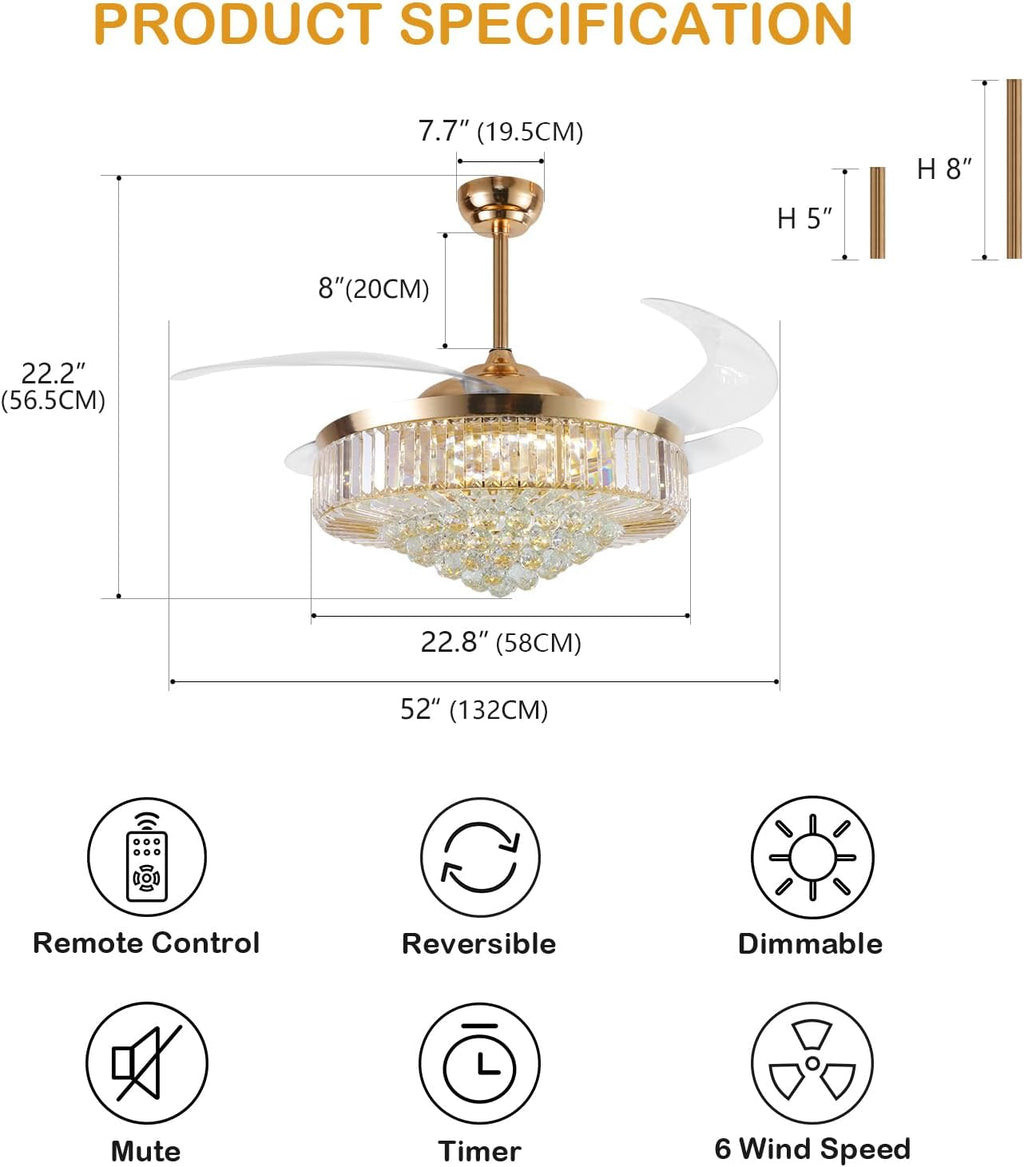 52 Inch Crystal Ceiling Fan with Light and Remote Modern Dimmable Fandelier Invisible Retractable Chandelier Fan Gold for Bedroom Living Room
