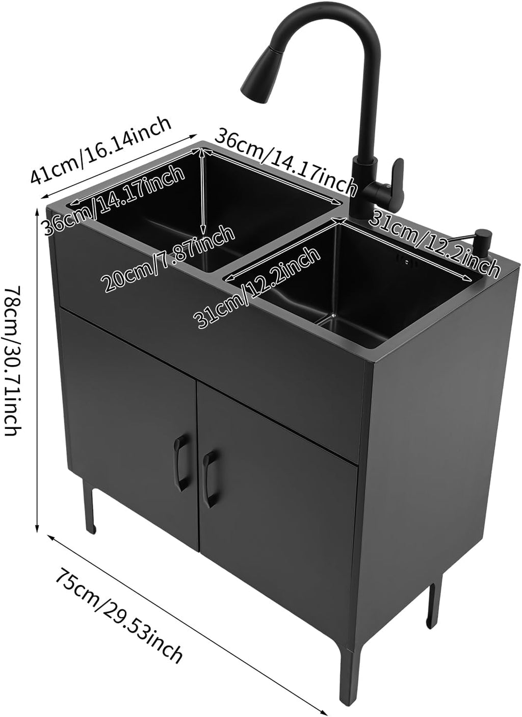 All-in-One Utility Sink & Cabinet, Kitchen Sink and Cabinet Combo Stainless Steel Utility Sink, Black Bathroom Vanity w/Pull-out Faucet & Draining basket for Laundry Utility Room Kitchen Bathroom
