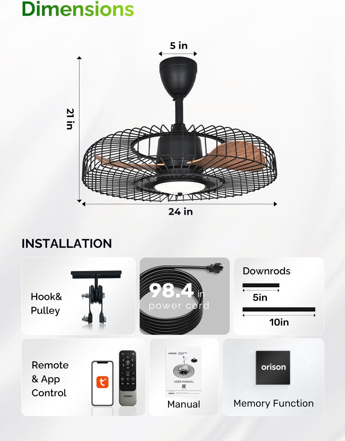 Orison Outdoor Ceiling Fans with Lights for Patio, 24' Weatherproof Ceiling Fan, Gazebo Fan Remote & APP Control, 3CCT Dimmable,Caged Plug in Ceiling Fan with Hanging Hook for Pergola Porch Canopy