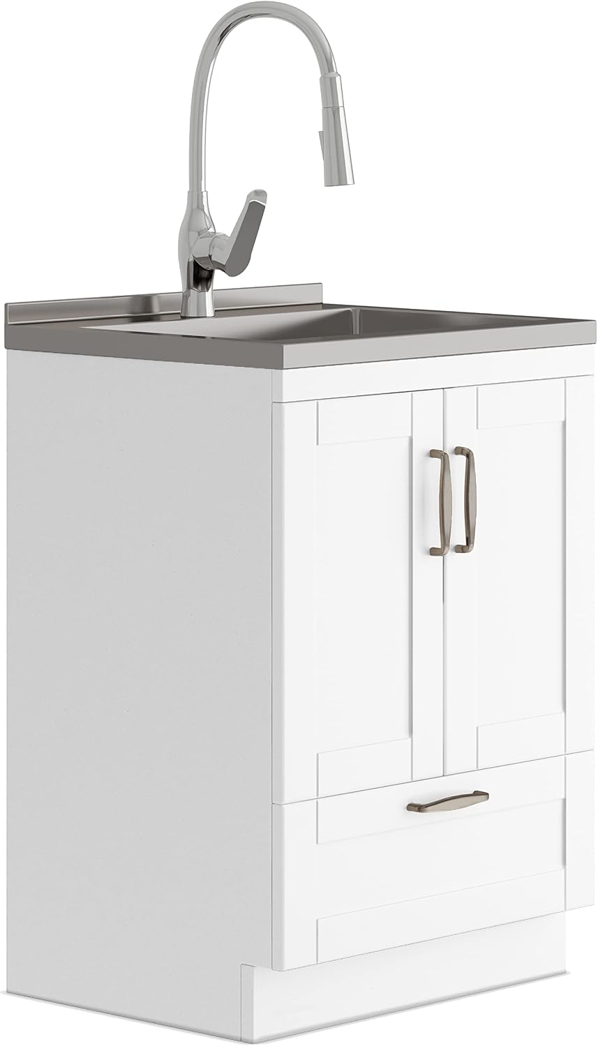 SIMPLIHOME Reed All-in-One 24 inch Wide Utility Sink and Laundry Cabinet in Pure White Finish, Transitional Stainless Steel Sink Cabinet for Laundry Rooms with High-Arch Chrome Faucet and Storage