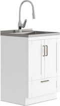 SIMPLIHOME Reed All-in-One 24 inch Wide Utility Sink and Laundry Cabinet in Pure White Finish, Transitional Stainless Steel Sink Cabinet for Laundry Rooms with High-Arch Chrome Faucet and Storage