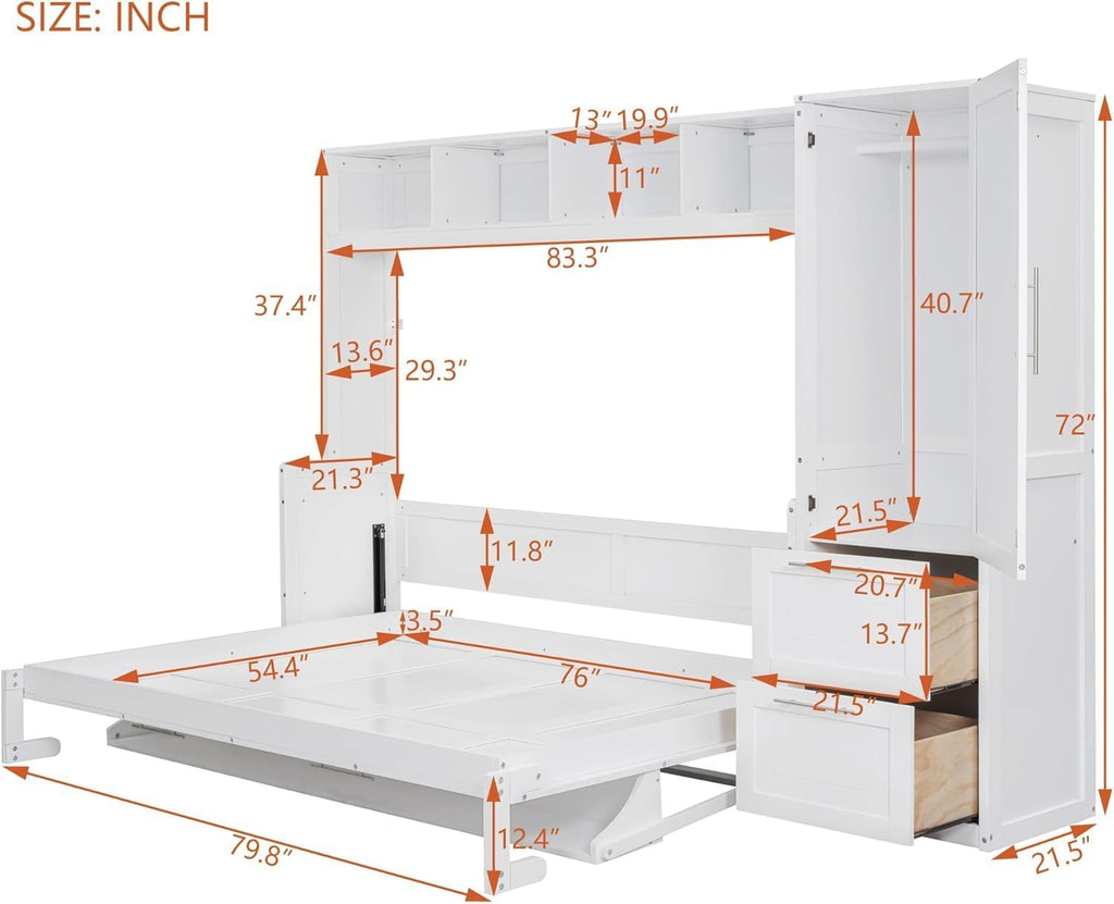 MERITLINE Full Murphy Bed with Wardrobe Closet,2 Drawer,4 Storage Open Shelves,Wood Folding Murphy Wall Bed Cabinet (White,Full)