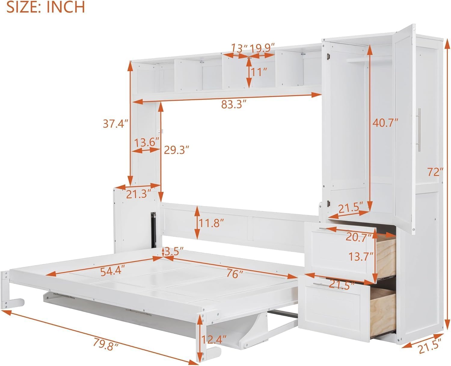 MERITLINE Full Murphy Bed with Wardrobe Closet,2 Drawer,4 Storage Open Shelves,Wood Folding Murphy Wall Bed Cabinet (White,Full)