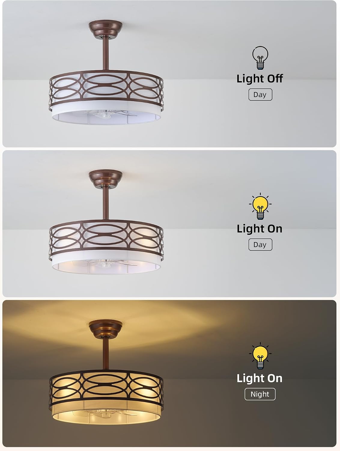 20' Brown Farmhouse Ceiling Fan with Light, Caged Fandelier Ceiling Fans with Lights Remote Control with 6 Speeds for Bedroom, Living Room, Nursery