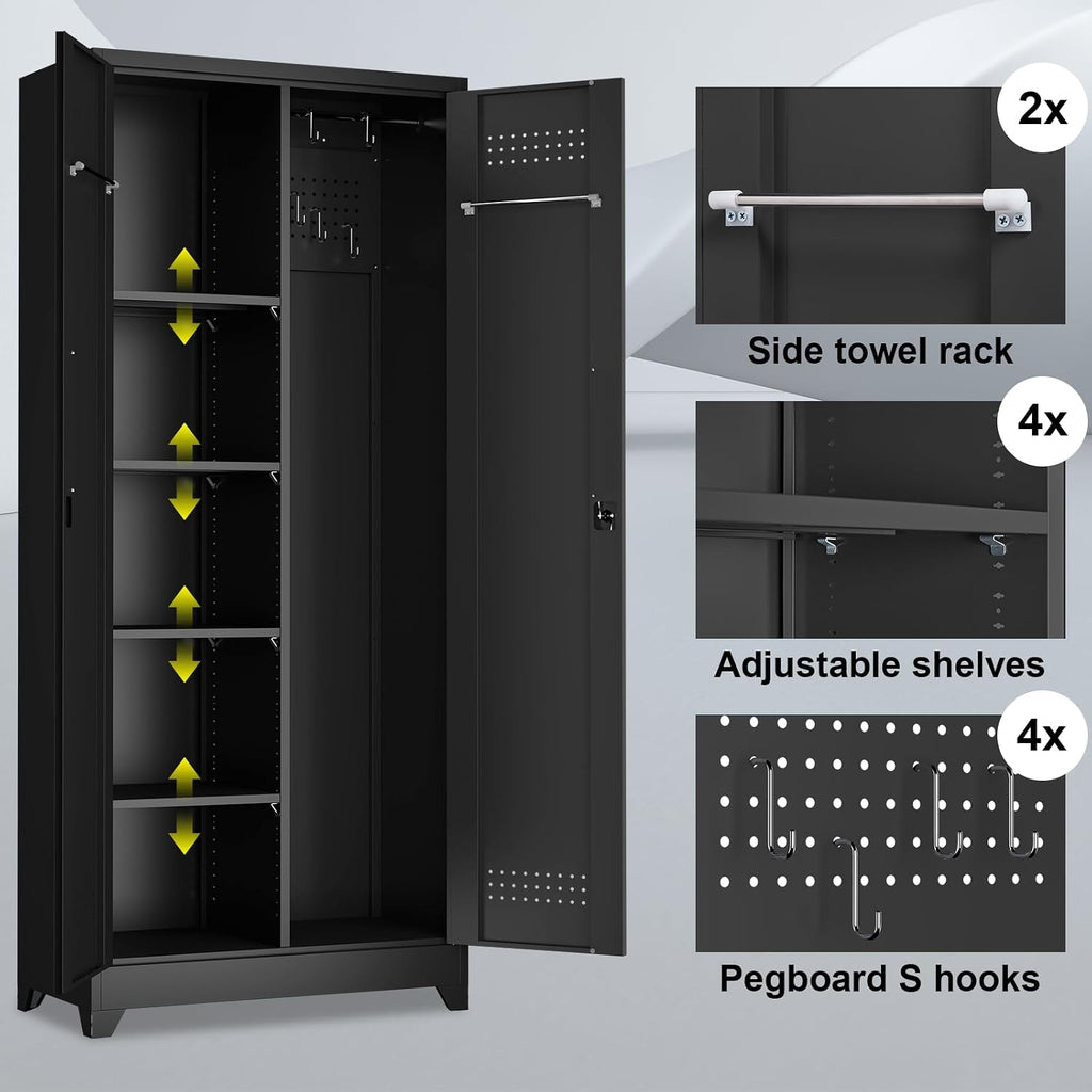 Metal Locking Cabinet, 72.8' Tall Storage Cabinet for Broom, Garage Storage Cabinet with Doors and Shelves, Heavy Duty Tool Cabinet for Home Office, School, Basement,Gym