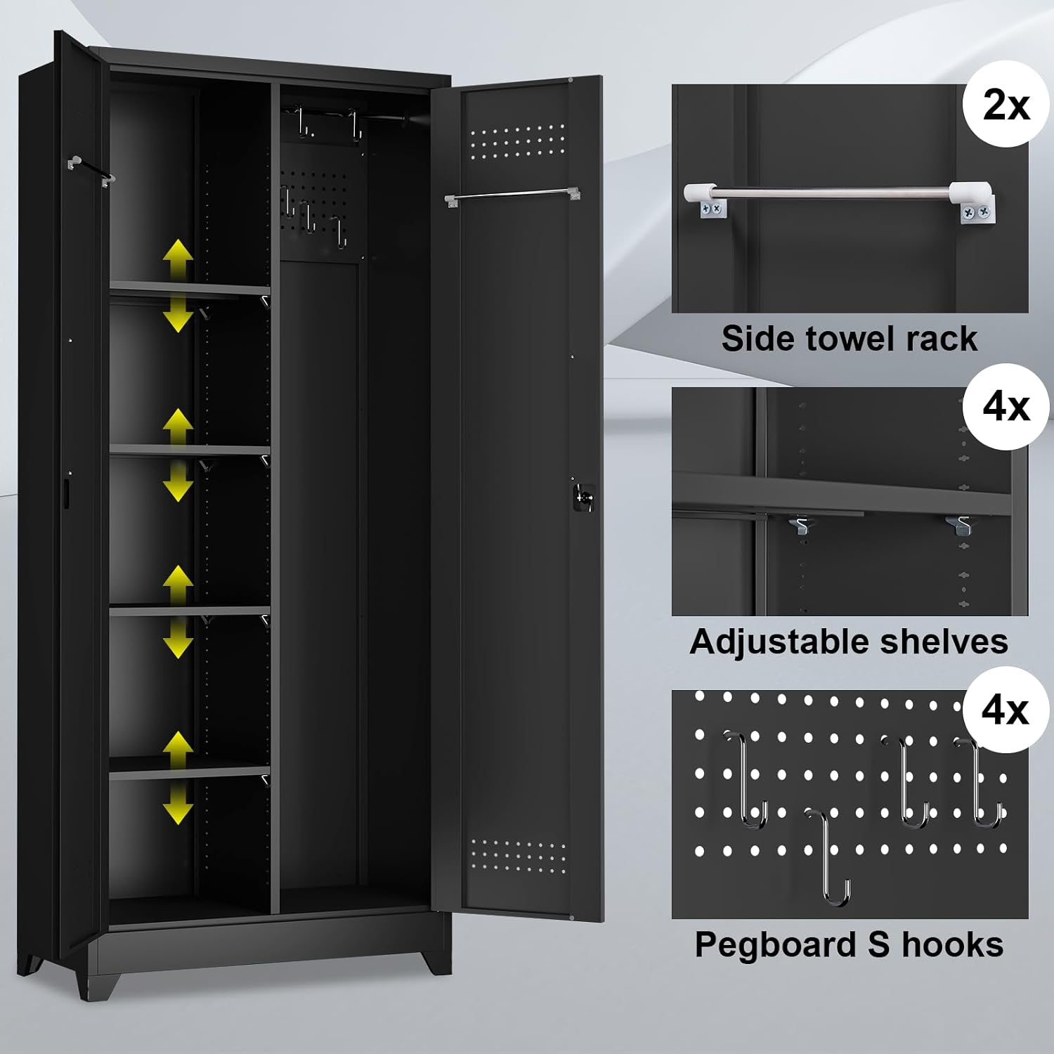 Metal Locking Cabinet, 72.8' Tall Storage Cabinet for Broom, Garage Storage Cabinet with Doors and Shelves, Heavy Duty Tool Cabinet for Home Office, School, Basement,Gym