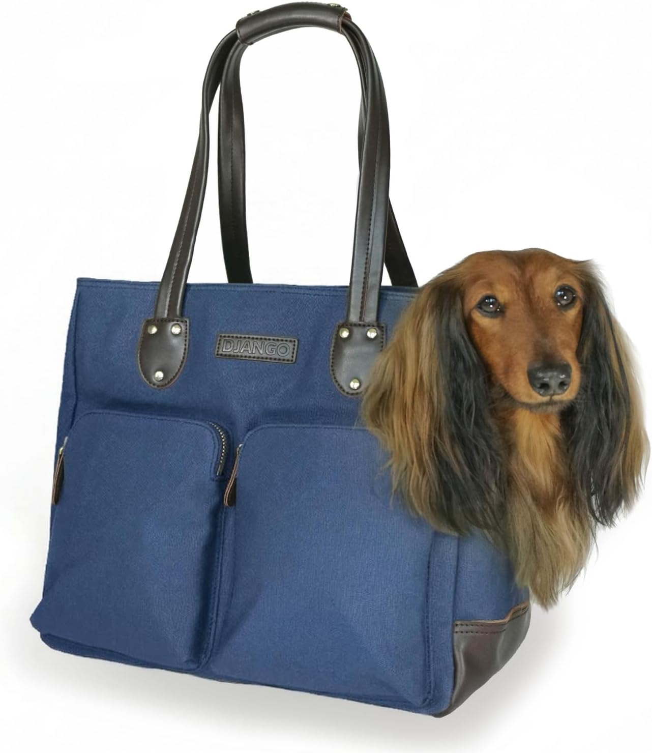 DJANGO Waxed Canvas & Leather Dog Carrier Tote Bag – Premium Soft-Sided Travel Dog Purse with Safety Leash, WR Lining, Zipper Pockets – Everyday Pet Carrier for Small Dogs up to 20 lbs (Navy, Large)