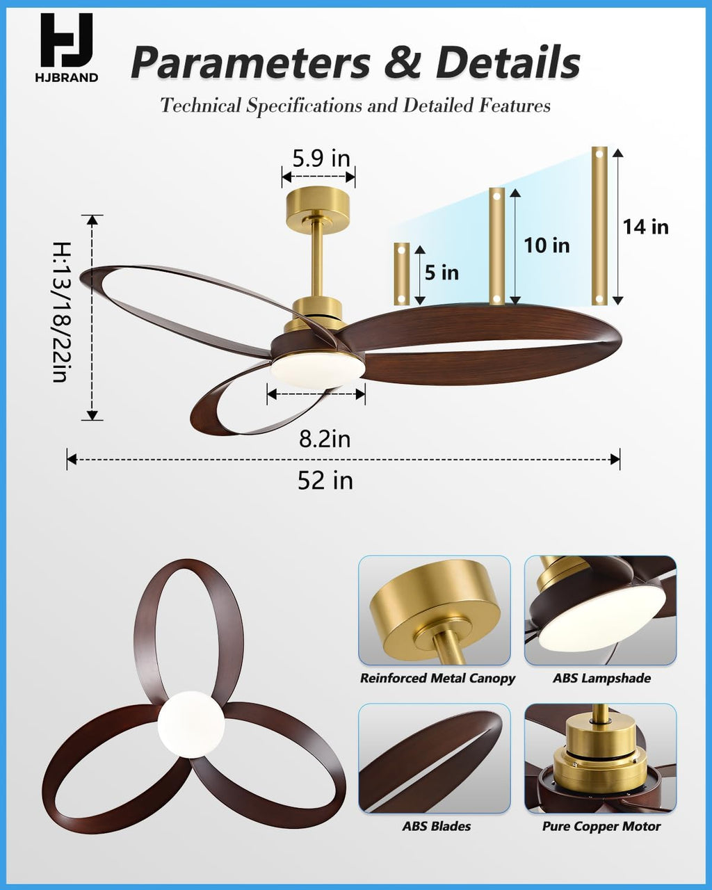 52'Ceiling Fan Indoor Ceiling Fans with Lights and Remote,New Round 3 Blades With 24W 2400LM High Bright LED Light , 3-Color Light 6-Speed Timing Reversible DC Motor for Bedroom Living Room Patio
