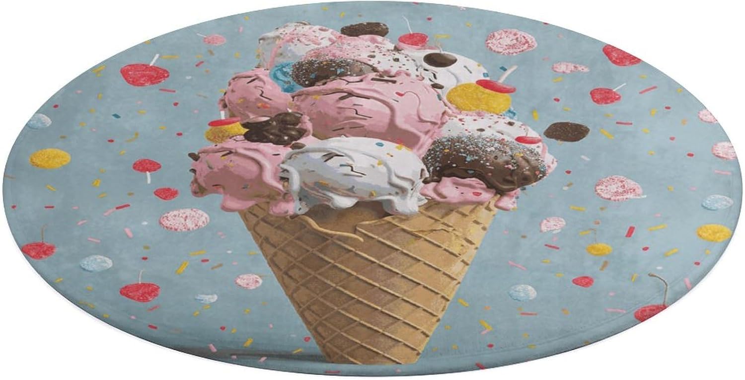 Sweet Ice Cream Coral Velvet Round Floor Mat Non-Slip Bath Rug Floor Covering for Bathroom Vanity Guest Suite & Vacation Home
