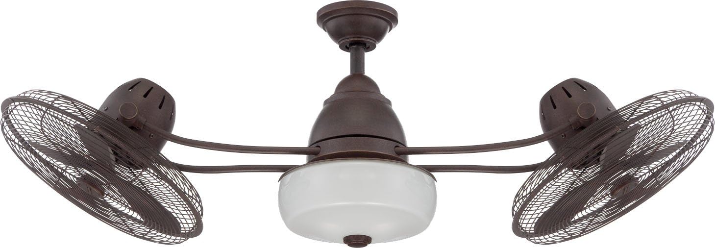 Craftmade 48' Bellows II BW248AG6 Outdoor Damp Rated Dual Head Ceiling Fan, Aged Bronze Finish, Integrated Light Kit, 2 x Dimmable 9W LED Bulbs, Optional Cap Included; Remote and Wall Control Included