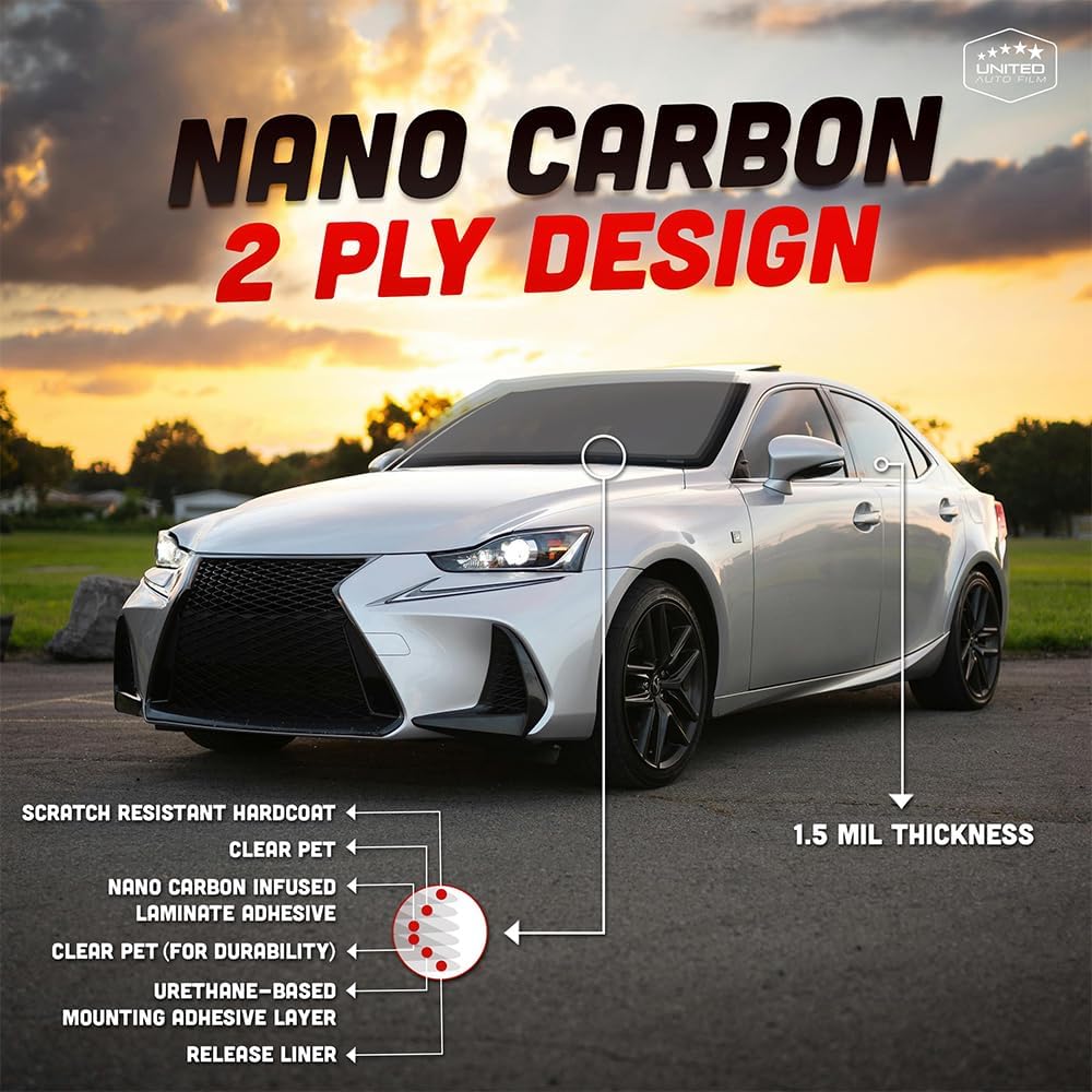 United Nano Carbon 2Ply Window Tint Film - 40' x100', 15% VLT Scratch Resistant, High Clarity, 99% UV Block – Privacy & Interior Protection Film for Car, Truck, SUV, Home – Heat & Glare Control