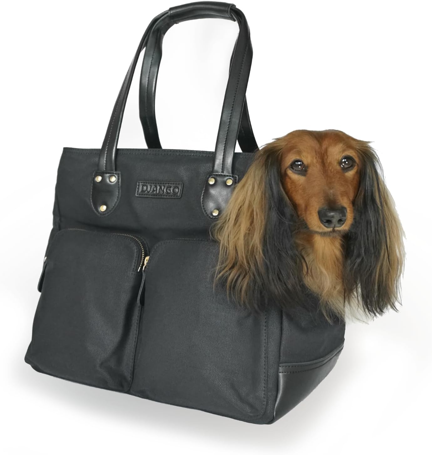 DJANGO Waxed Canvas & Leather Dog Carrier Tote Bag – Premium Soft-Sided Travel Dog Purse with Safety Leash, WR Lining, & Large Zipper Pockets – Everyday Pet Carrier for Small Dogs (Black, Medium)