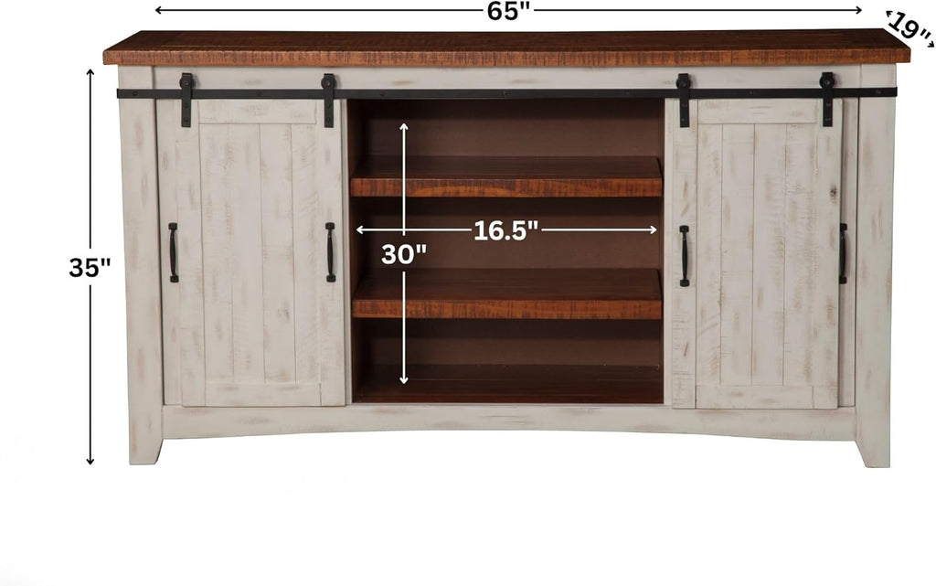 Martin Svensson Home 65' Solid Pine Wood Entertainment Center with Storage. Rustic TV Stand for TVs up to 70.' Sliding Doors, Adjustable Shelves & Cable Management – White and Honey Finish