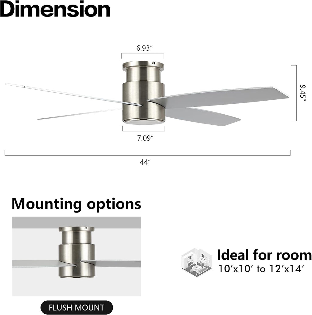 WINGBO 44' Flush Mount DC Ceiling Fan without Lights, 4 Reversible Plywood Blades, Quiet 6-Speed DC Motor, Hugger Low Profile Ceiling Fan No Lights for Bedroom, Brushed Nickel Finish